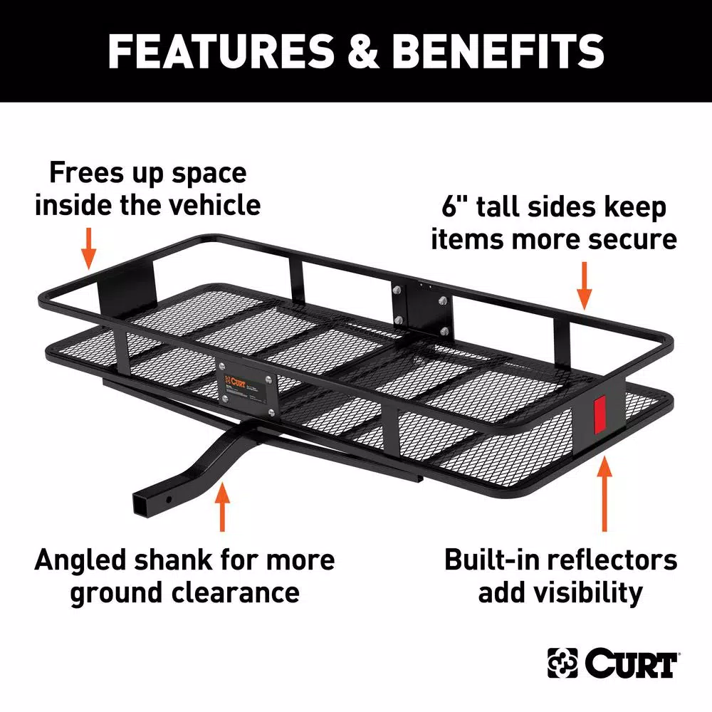 CURT 60" x 24" Black Steel Basket Cargo Carrier, 2" Fixed Shank, 500 lb. Capacity