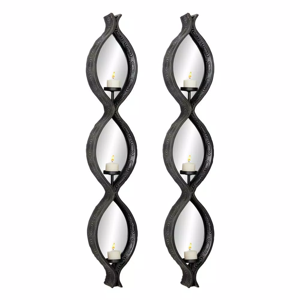 LITTON LANE Eclectic Black Metal Mesh Ellipse Wall Sconces with Mirror Inlays, Set of 2