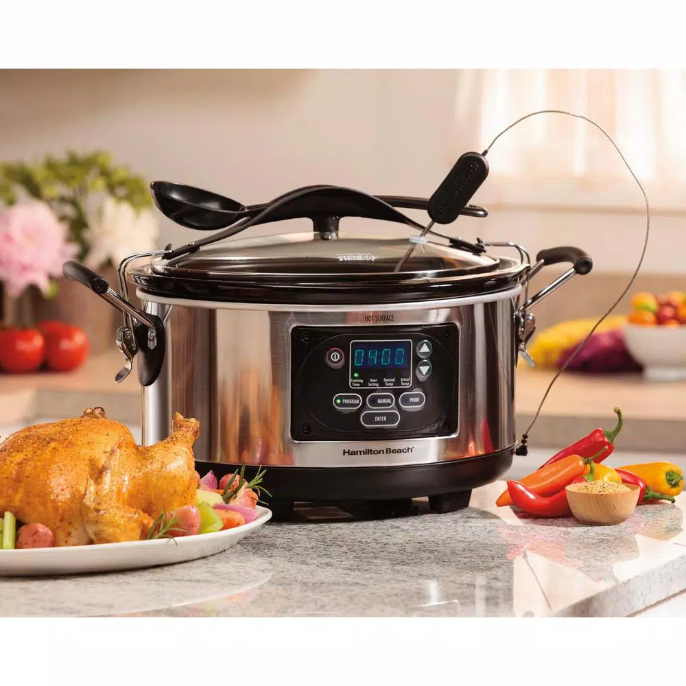 Hamilton Beach 6 Qt. Stainless Steel Programmable Slow Cooker with Temperature Probe