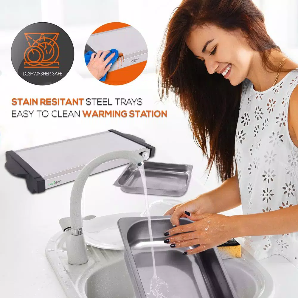 NutriChef 21.9 in. Stainless Steel Dual Plate Electric Food Warming Tray Buffet Server