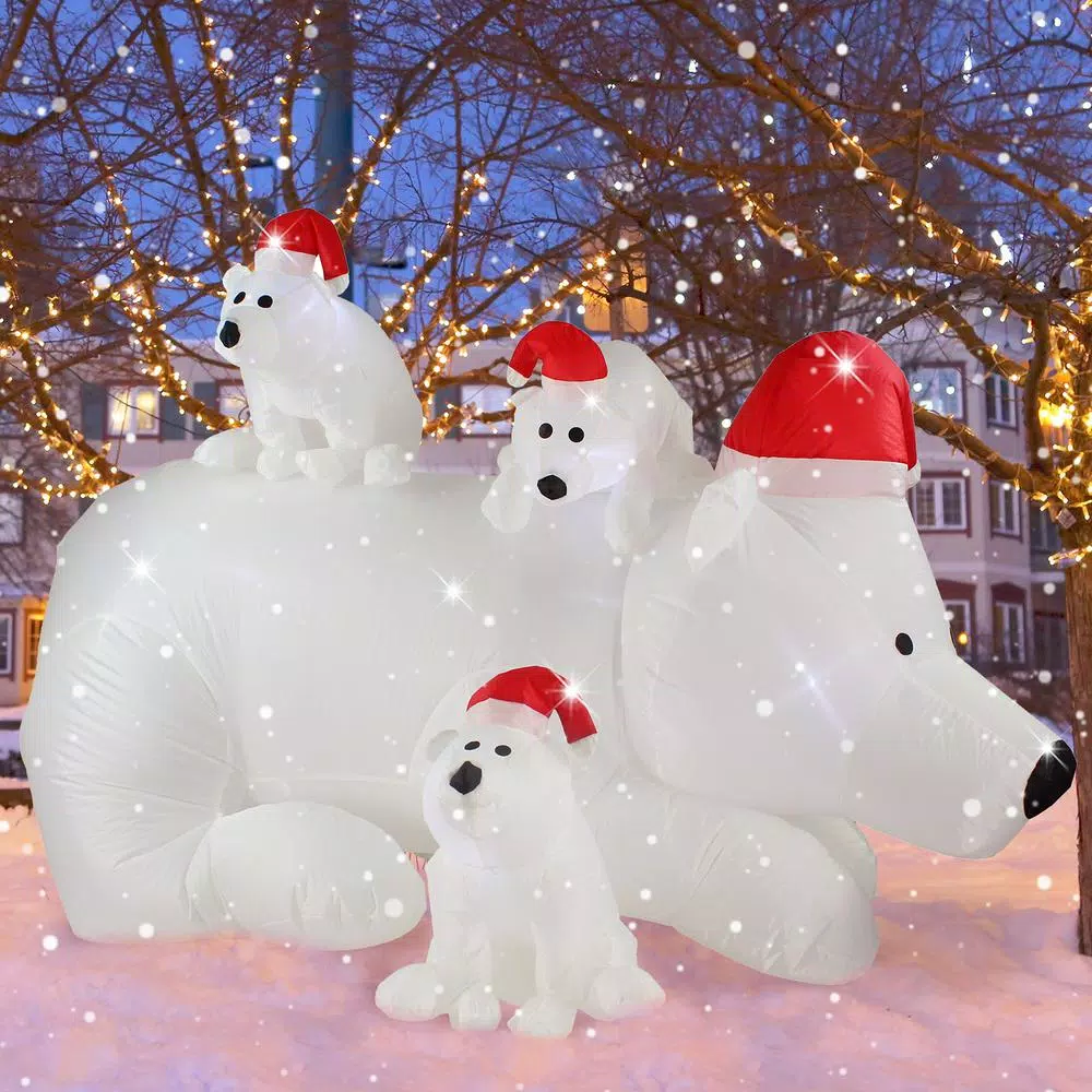 JOYDECOR 6 ft. Polar Bear Family Christmas Inflatable with LED Lights and Red Santa Hats