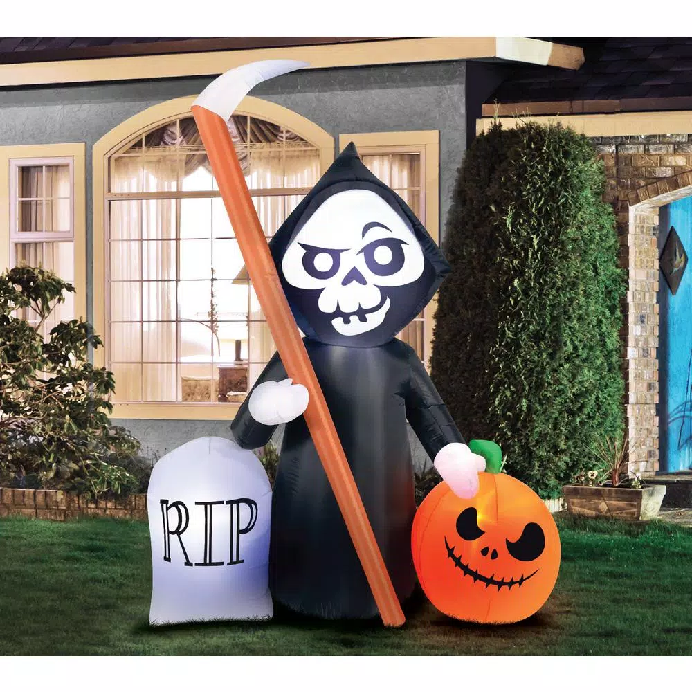 Unbranded 5.5-ft. Inflatable Reaper and Pumpkin Halloween Scene with Tombstone