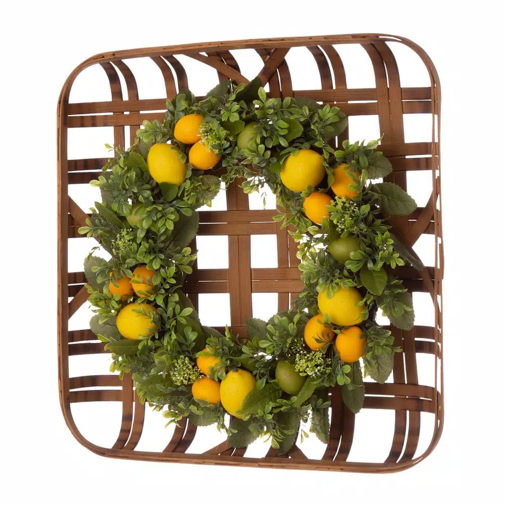 Unbranded 22 in. Greenery Lemon Wreath with 24 in. Bamboo Tobacco Basket