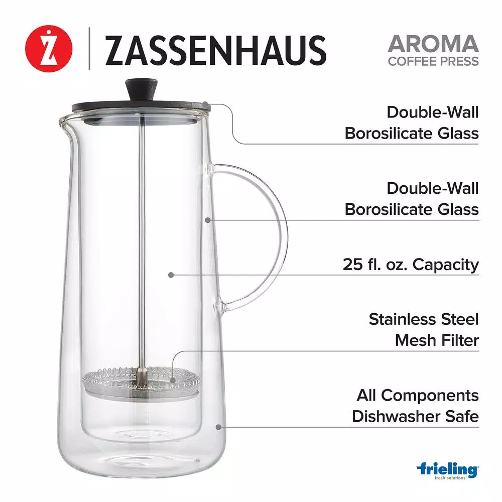 ZASSENHAUS Aroma 6-Cup Double Wall Borosilicate Glass French Press Coffee Maker, 25 fl. oz.