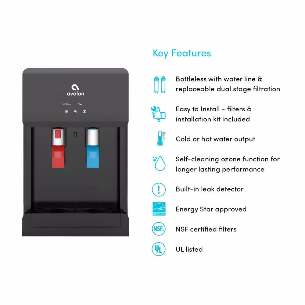 Avalon Bottleless Countertop Water Cooler Dispenser, Hot & Cold, Self-Cleaning, Black