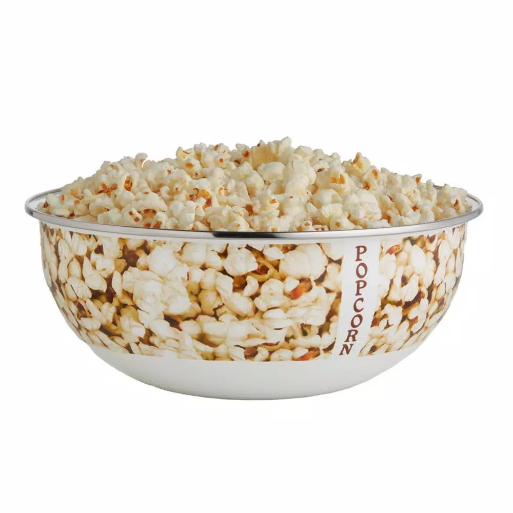Golden Rabbit Popcorn Design Enamelware Popcorn Bowl, 4.5 Qt, White