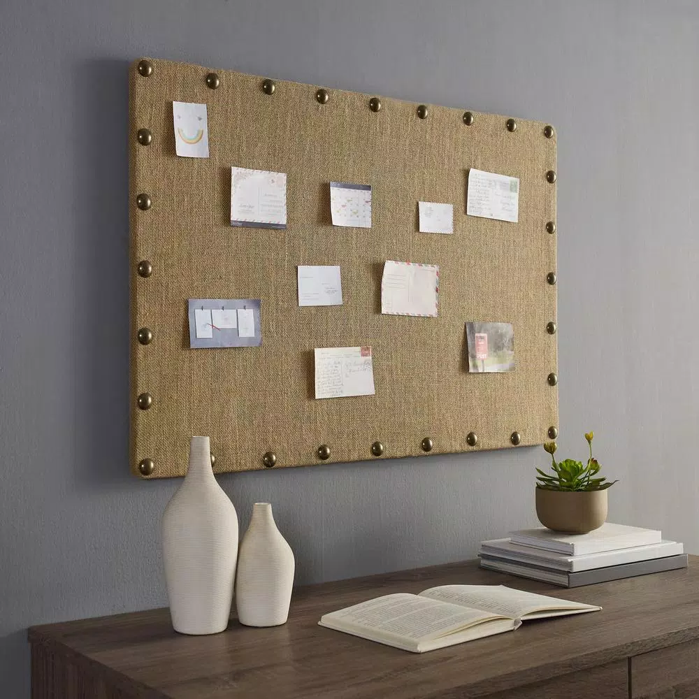 Unbranded Burlap Covered Cork Memo Board with Antique Bronze Nailhead Trim, 24 x 36 in.