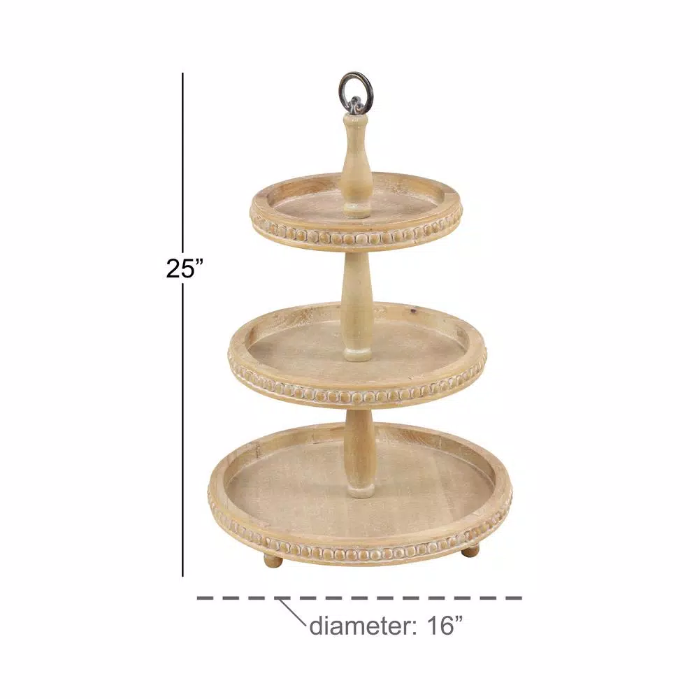 LITTON LANE 3-Tier Round Birch Wood and Metal Decorative Serving Tray with Whitewash Finish