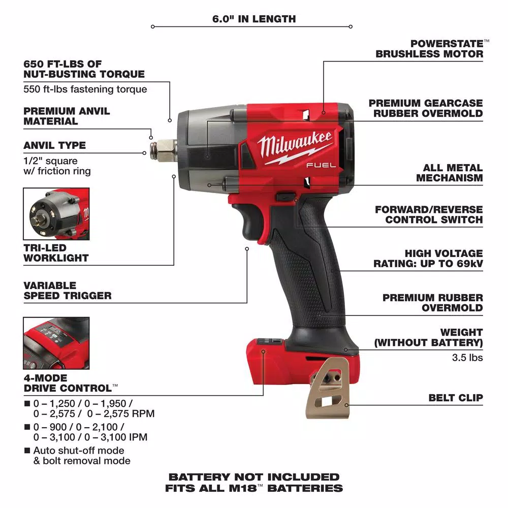 Milwaukee M18 FUEL Gen-2 1/2 in. Mid-Torque Impact Wrench w/ Friction Ring (Tool-Only)