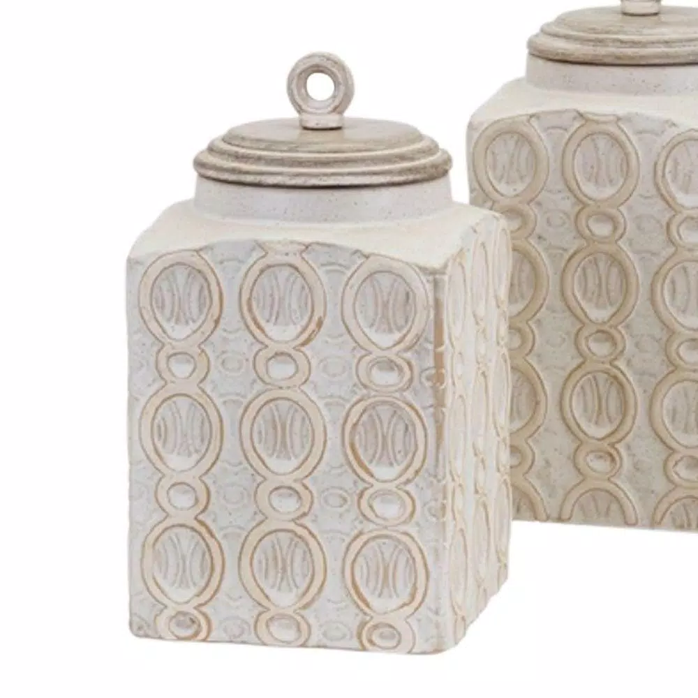 Benjara Dreanna 3-Piece White Ceramic and Mango Wood Canister Set with Distressed Cream Finish