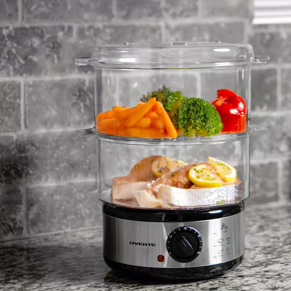 Ovente 2-Tier Electric Food Steamer, 5-Quart Capacity, 400W, Silver
