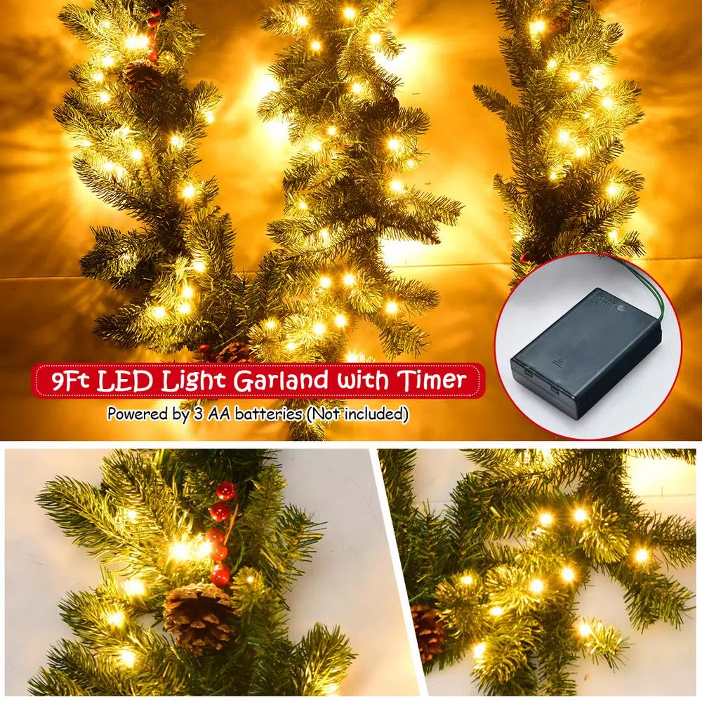 Costway 9 ft. Pre-Lit LED Artificial Fall & Christmas Garland with 100 Warm White Lights and Timer