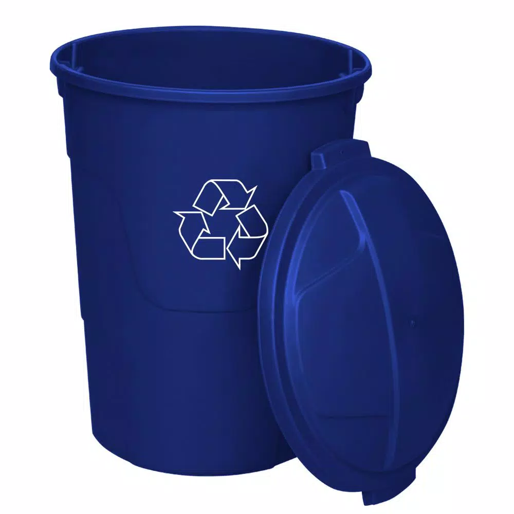 HDX Otto 32 Gal. Blue Round Plastic Recycling Bin with Lid and Recycling Logo