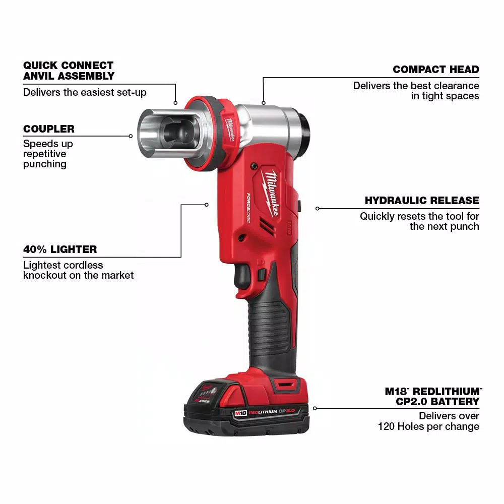 Milwaukee M18 FORCE LOGIC 6 Ton Knockout Tool Kit with M18 FUEL Hammer Drill and Step Bits Set