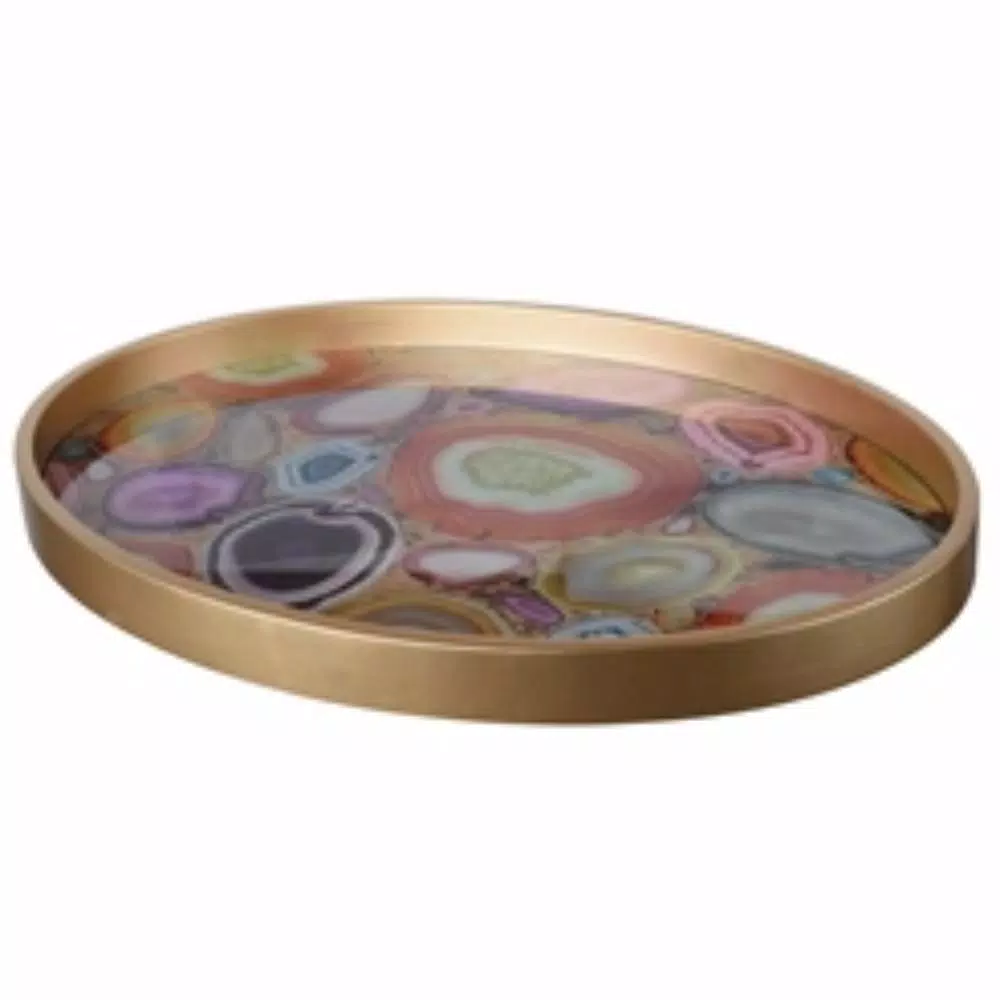 Benjara Contemporary Gold Glass and Wood Decorative Serving Tray
