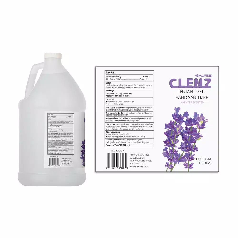 Alpine Industries Clenz Instant Gel Hand Sanitizer, Lavender Scent, 1 Gallon (4-Pack)