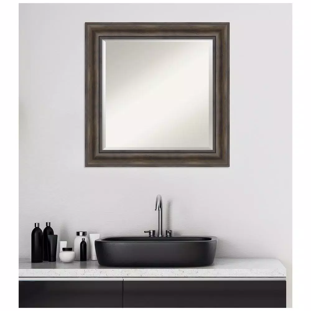 Amanti Art 25 in. Square Rustic Dark Brown Distressed Wood Framed Beveled Edge Bathroom Vanity Mirror