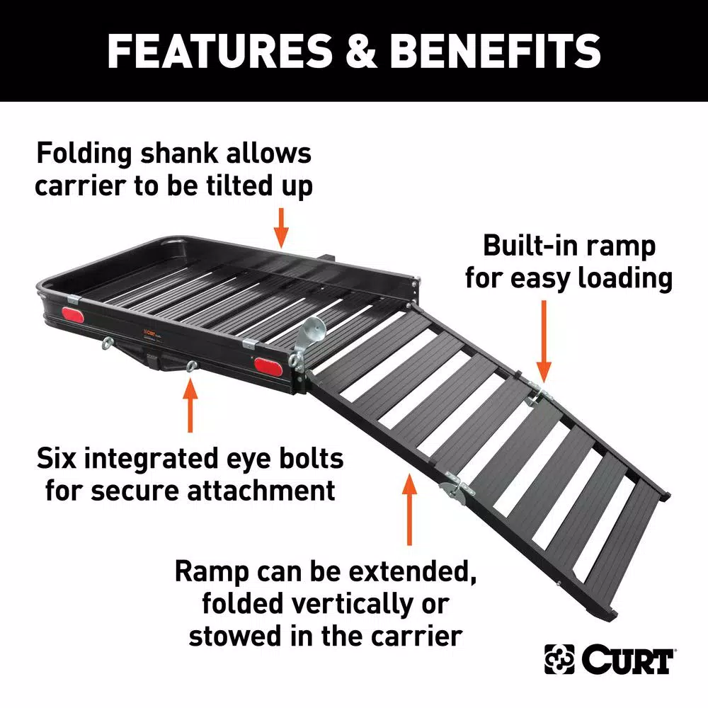 CURT Aluminum Hitch Cargo Carrier with Folding Ramp, 500 lb. Capacity, 2 in. Receiver