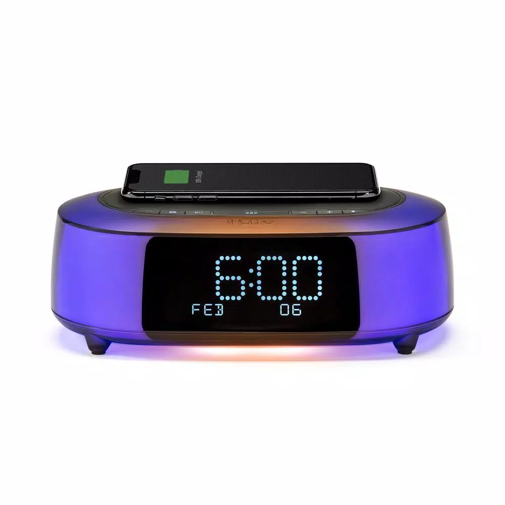 iHome TIMEBOOST GLOW Color Changing Bluetooth Alarm Clock Speaker with Qi Wireless Charging