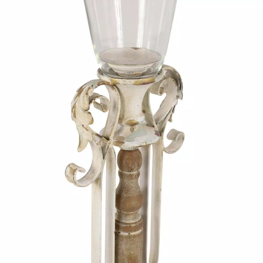 LITTON LANE Distressed White Wood, Glass and Metal Hurricane Candle Holder