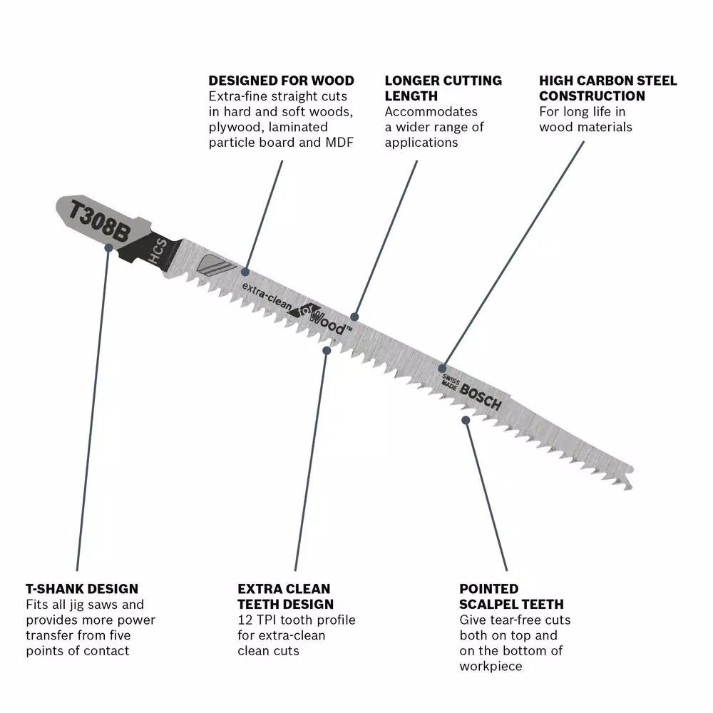 Bosch T308B Extra Clean Wood Jigsaw Blades, T-Shank, High Carbon Steel, 4.5 in, 25-Piece Pack