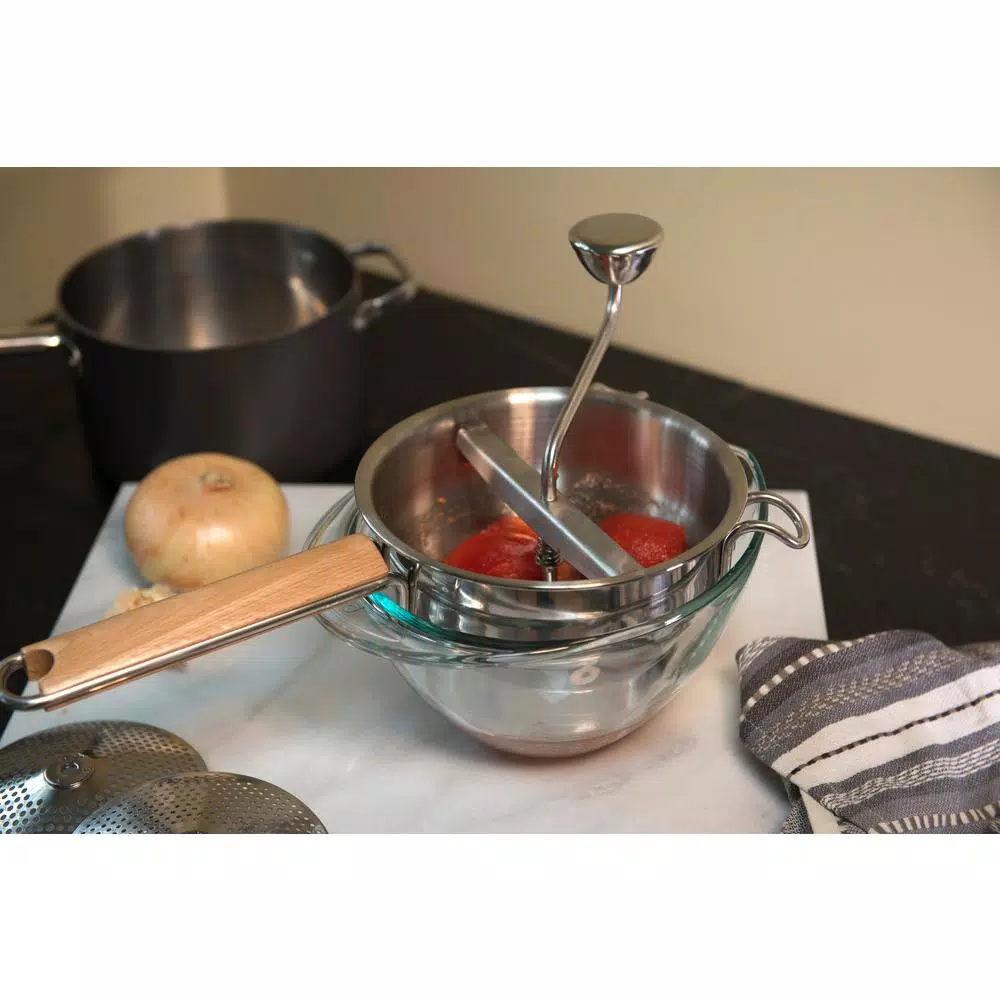 RSVP International Endurance Stainless Steel Food Mill with 3 Interchangeable Disks and Beech Wood Handle
