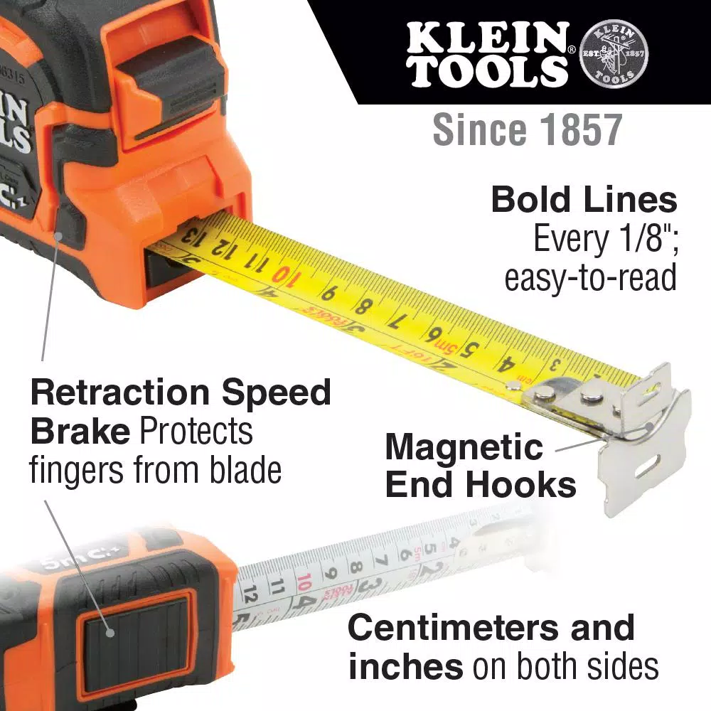 Klein Tools 25 ft. Magnetic Double Hook Tape Measure with 9.5 ft. Standout