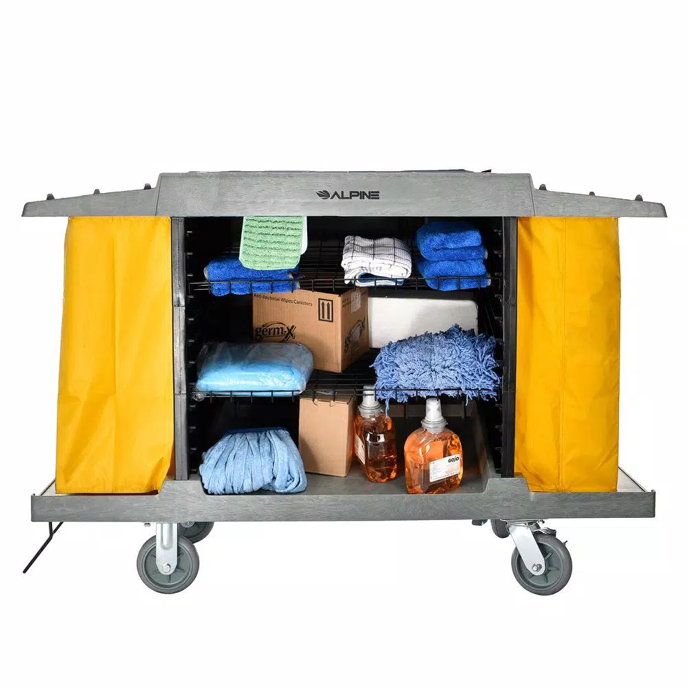 Alpine Industries 2-Wire Shelf Janitorial Cleaning Cart with 2 Yellow Vinyl Bags