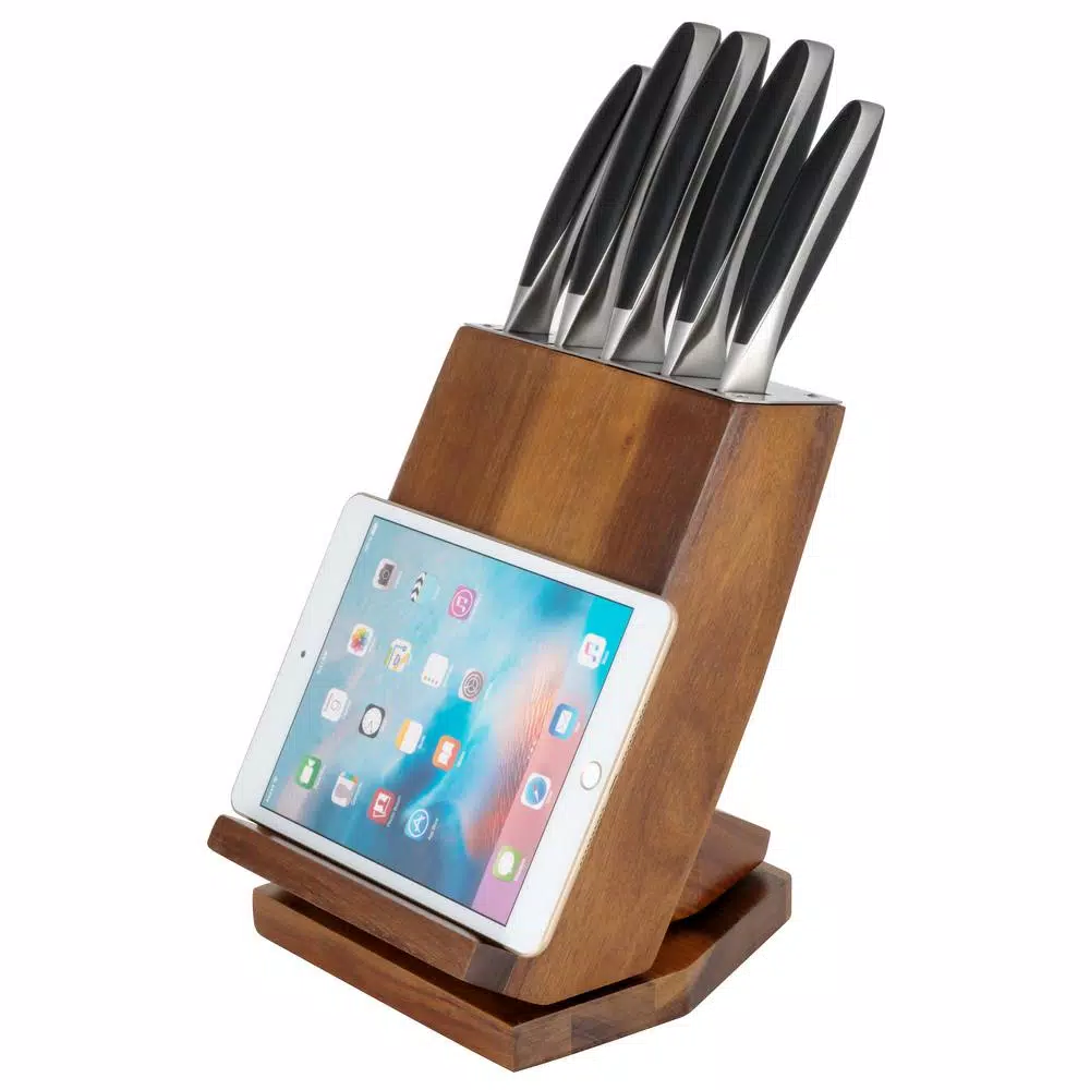 Ozeri 6-Piece Japanese Stainless Steel Knife Set with Rotating Acacia Wood Block and Tablet Holder