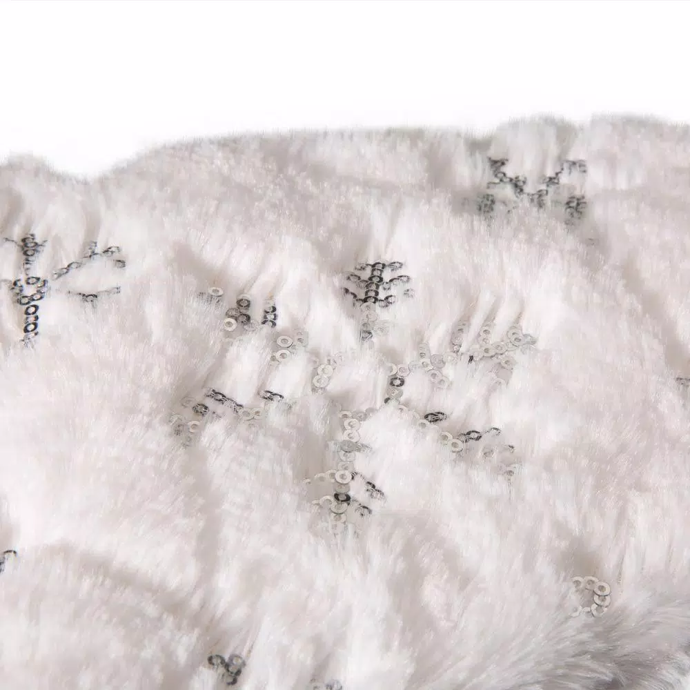 Unbranded 48 in. White Plush Tree Skirt and 2 Stockings Set with Snowflake Embroidery and Beaded Design