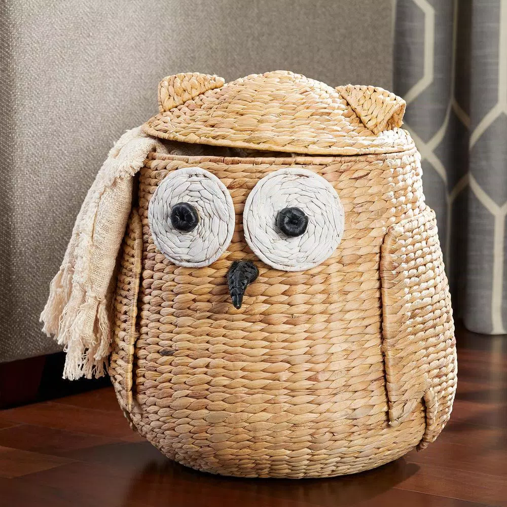 StyleWell Light Brown Owl Water Hyacinth Woven Decorative Basket with Lid