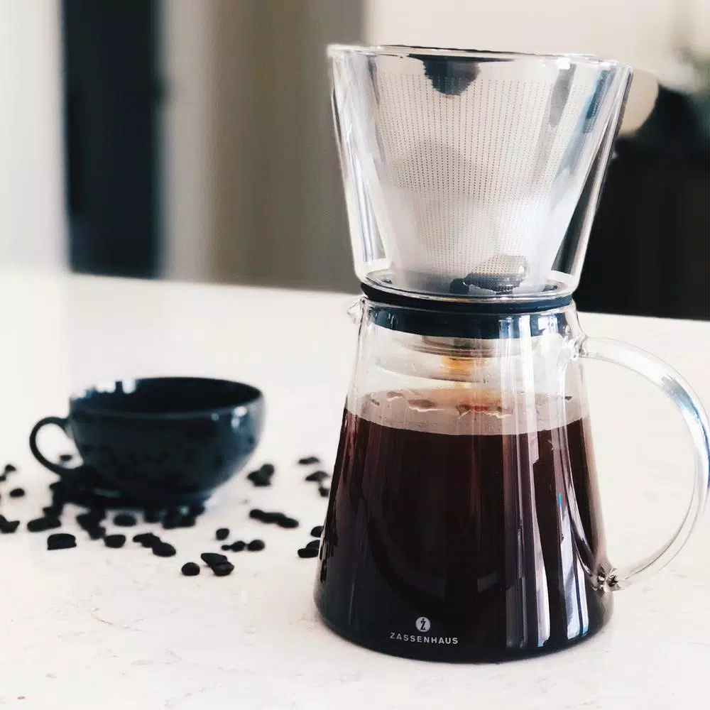 ZASSENHAUS 6-Cup Clear Pour Over Coffee Maker - Borosilicate Glass & Stainless Steel Brewer