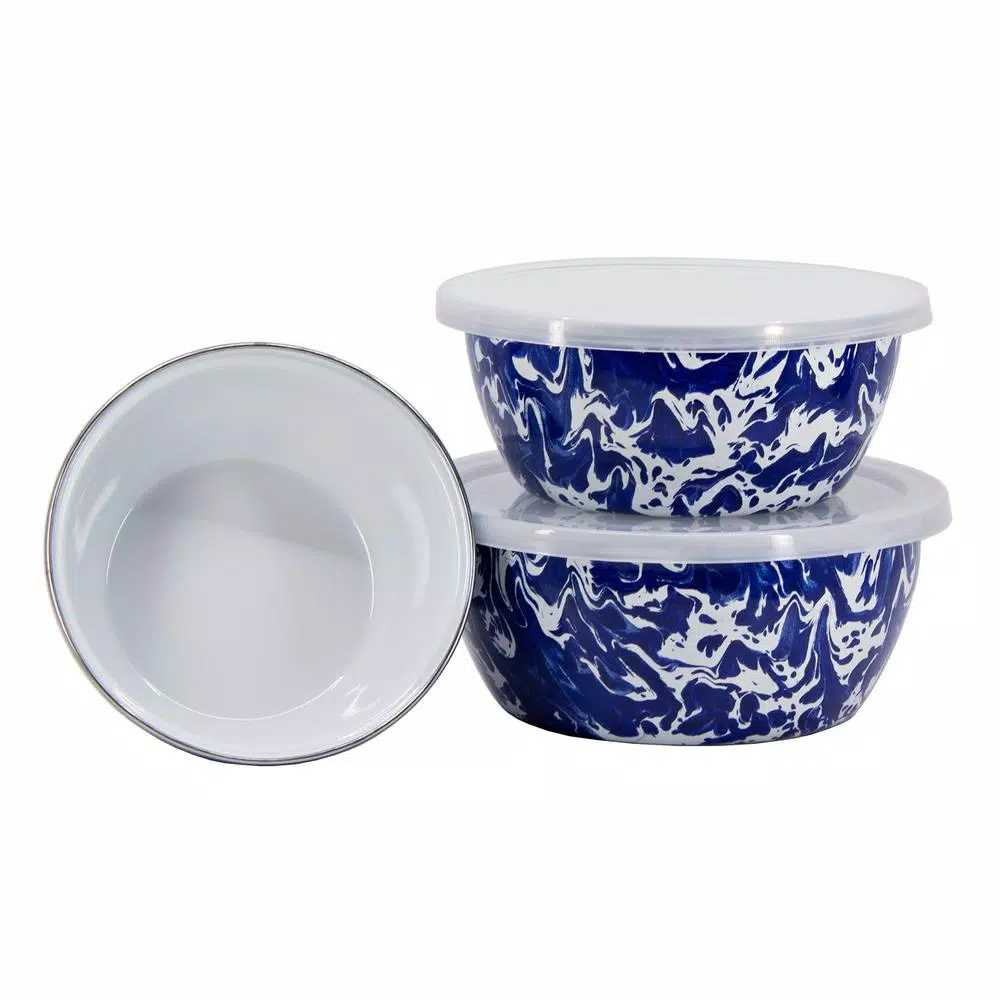 Golden Rabbit Cobalt Swirl 3-Piece Enamelware Bowl Set with Lids
