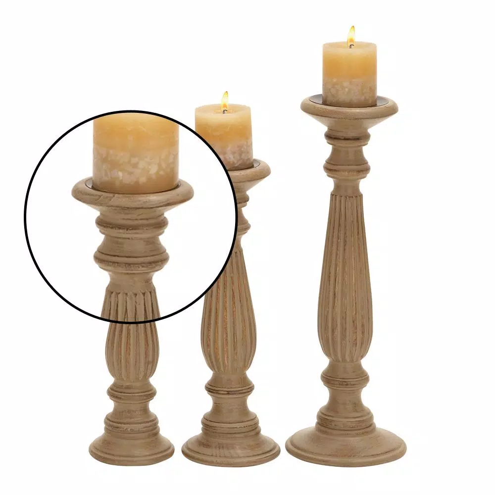LITTON LANE Rustic Light Brown Carved Mango Wood Candle Holder Set of 3