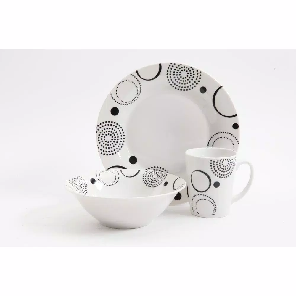 Gibson Home Modern Times 12-Piece Ceramic Dinnerware Set, Black Geometric Design on White, Service for 4