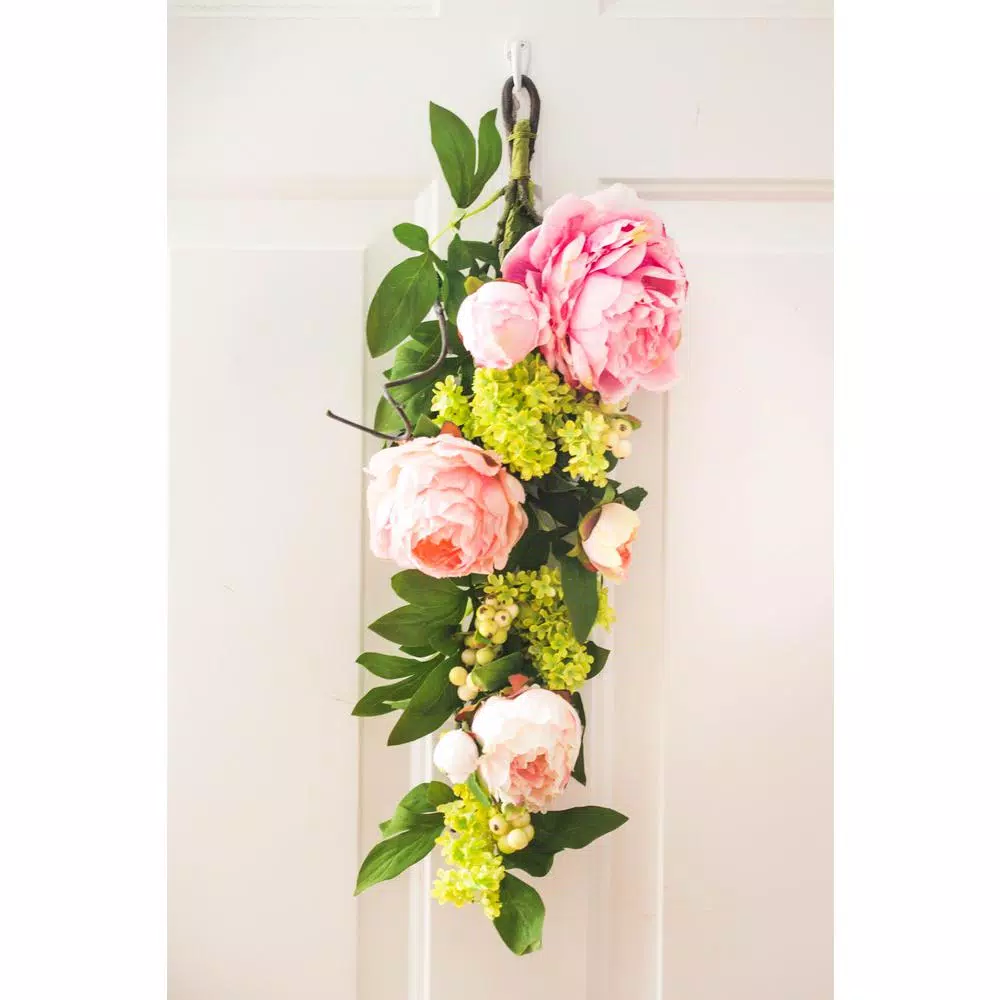 Nearly Natural 24 in. Mixed Pink Peony and Hydrangea Teardrop Floral Swag Wreath