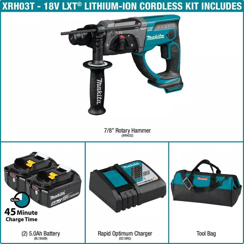 Makita 18V LXT Cordless SDS-Plus Rotary Hammer Drill Kit w/ (2) 5.0Ah Batteries & Charger