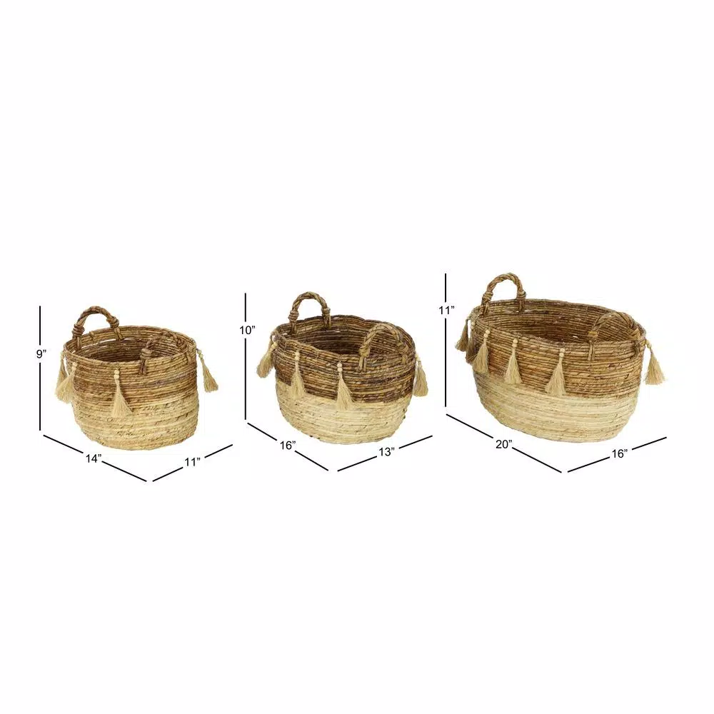 LITTON LANE Oval Banana Leaf and Wicker Storage Basket Set of 3 with Handles