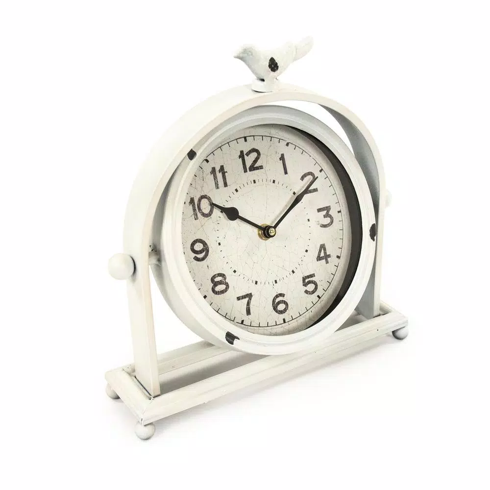 Zentique Vintage White Metal Hinged Bird Table Clock - Distressed Porcelain Style Analog Desk Clock