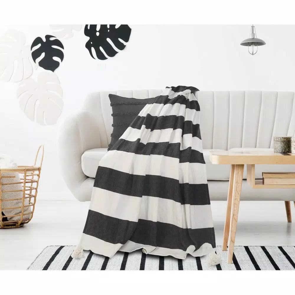 LR Home Metty Charcoal and Ivory Bold Striped Tasseled Cotton Throw Blanket