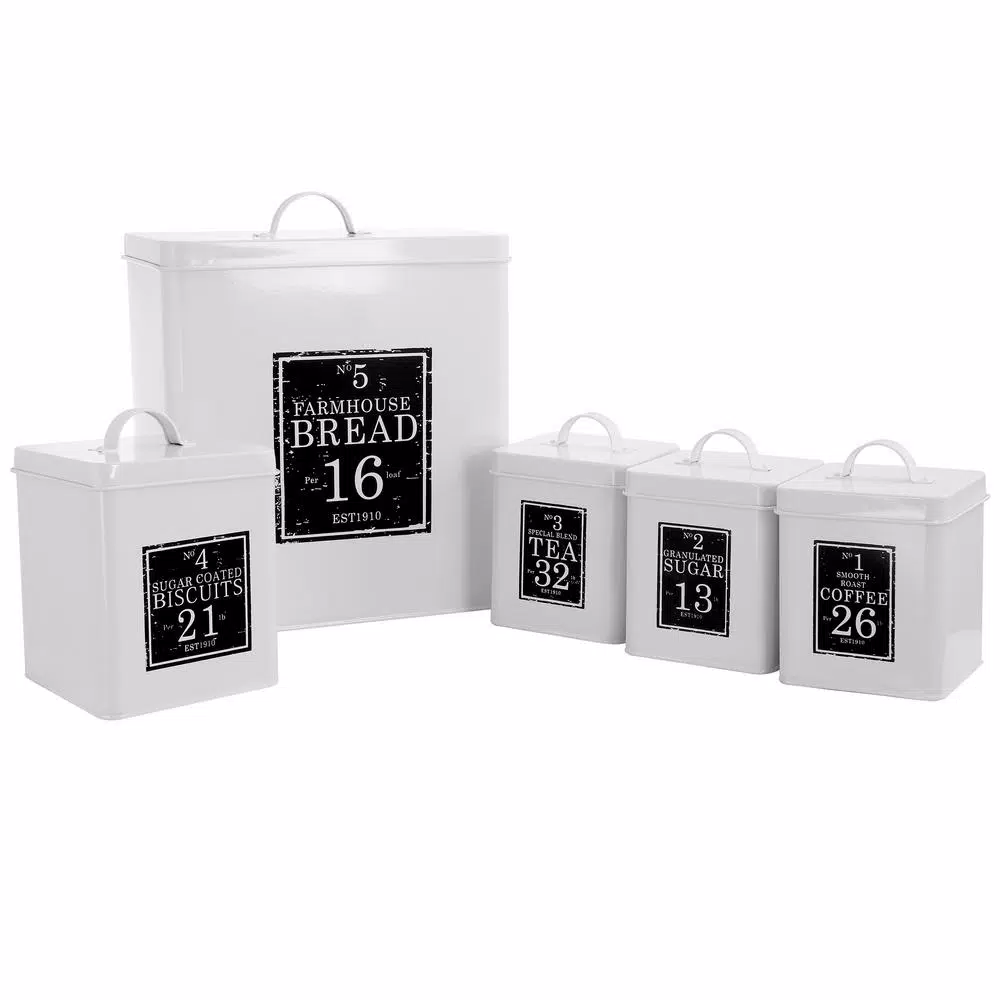 MegaChef 5-Piece Metal Kitchen Canister Set with Lids, White