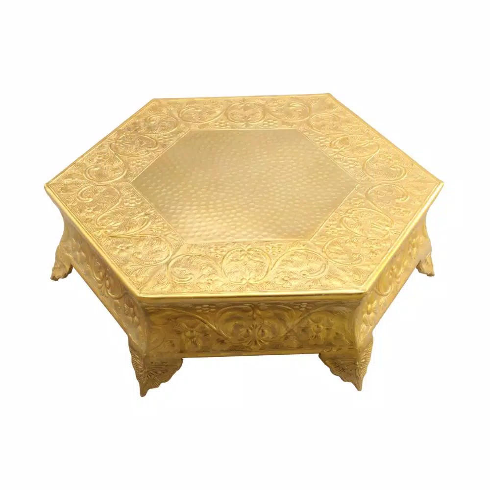 Benzara 14 in. Gold Hexagonal Metal Wedding Cake Stand with Hammered Center