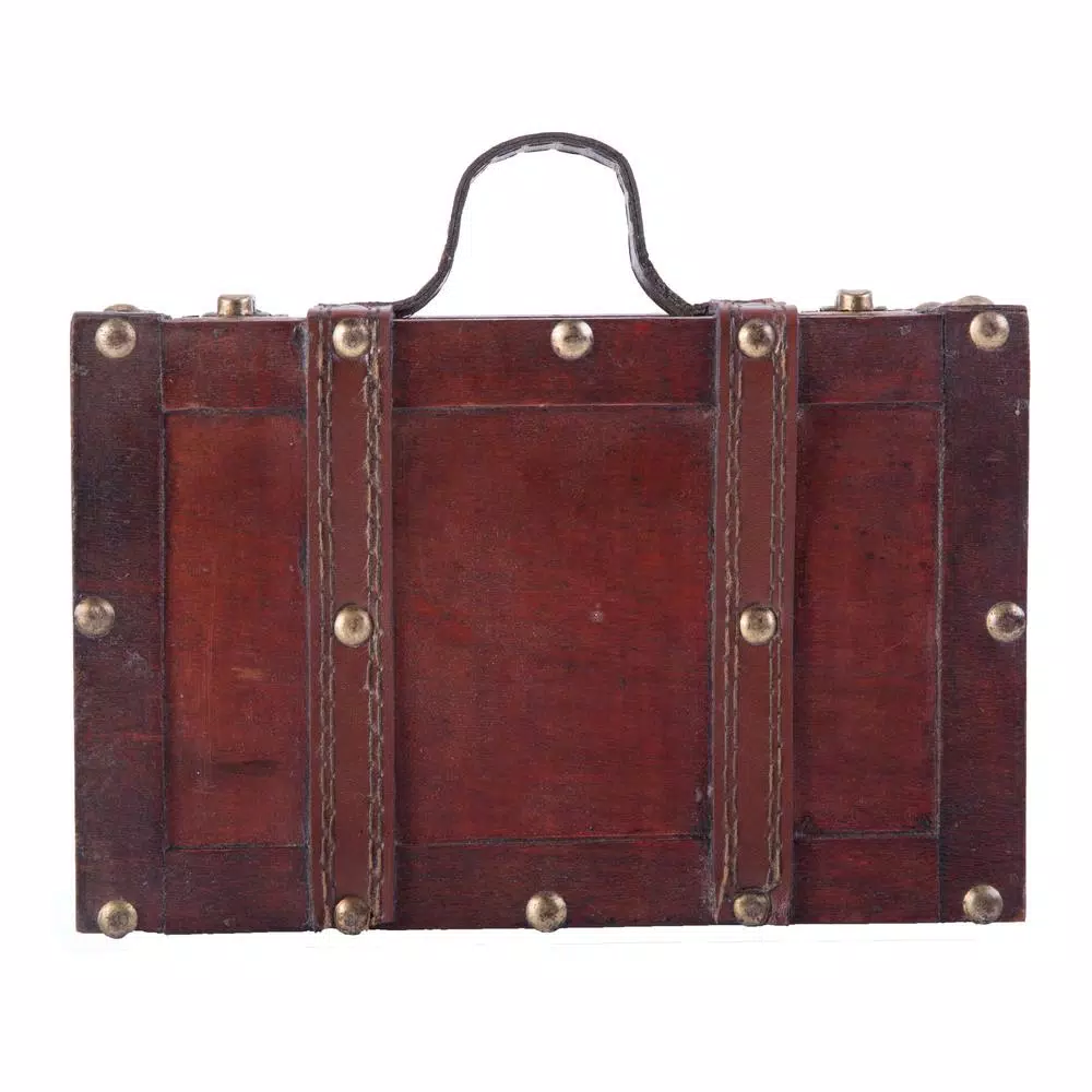 Vintiquewise Antique Style Small Wooden Suitcase Decorative Box with Leather Straps and Cherry Finish