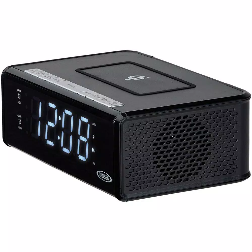 JENSEN Dual Alarm Clock Radio with Qi Wireless Charging, AM/FM, USB Port, and Aux Input - Black