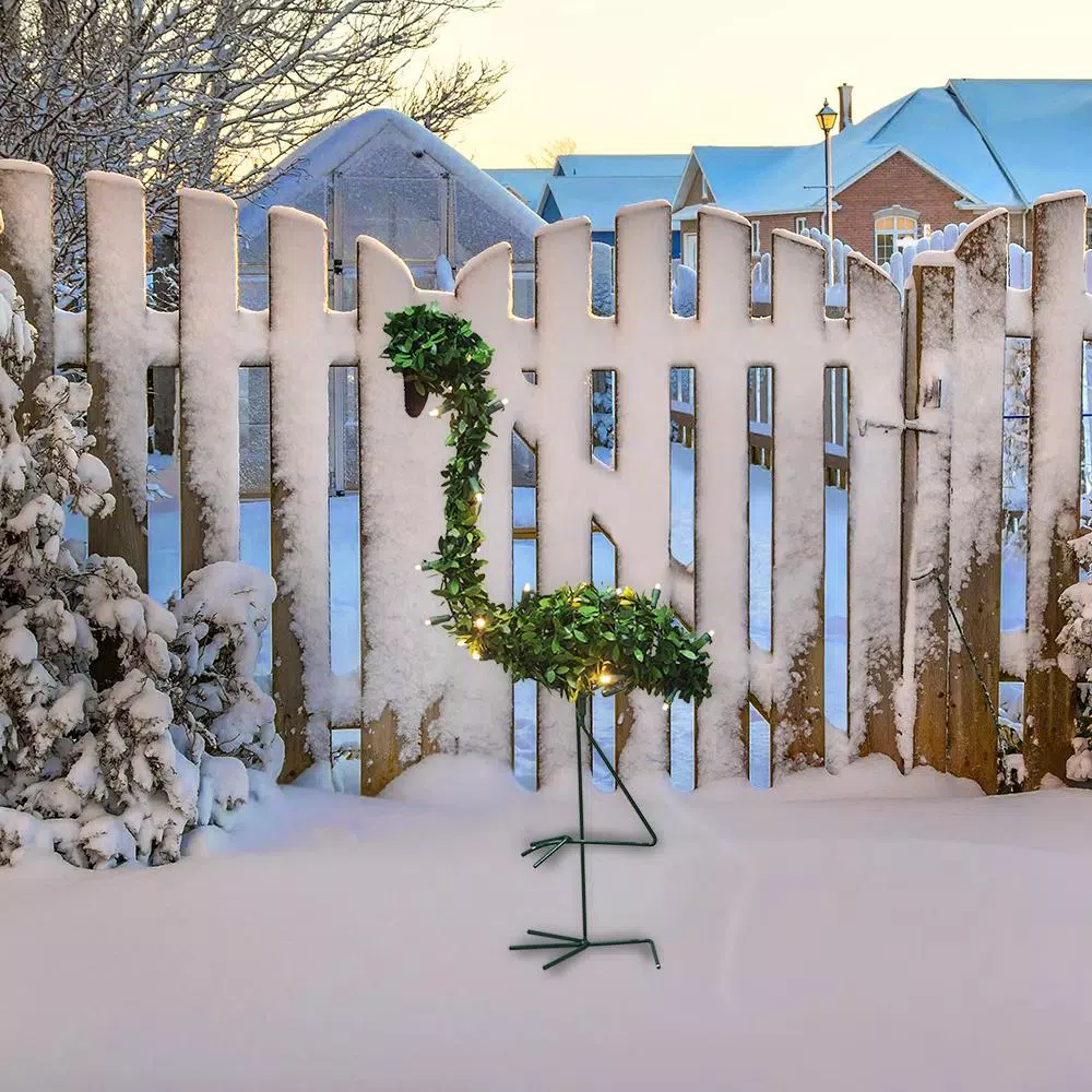 ProductWorks 28 in. Pre-lit Faux Boxwood Topiary Flamingo Sculpture with 20 LED Lights
