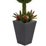 Nearly Natural 5 ft. Artificial Double Boxwood Ball Topiary Tree with Pink Bromeliads in Slate Planter thumbnail 3