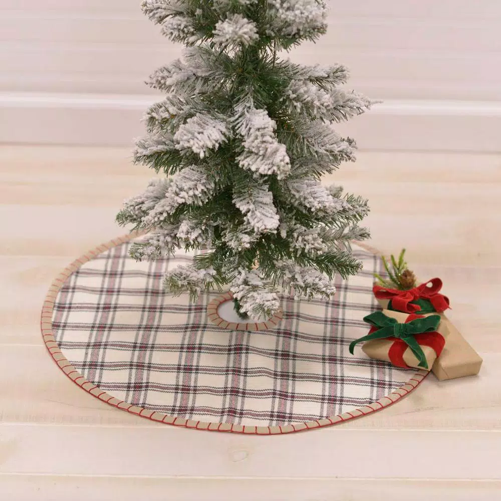 VHC Brands Amory 21 in. Ivory White Plaid Cotton Christmas Tree Skirt