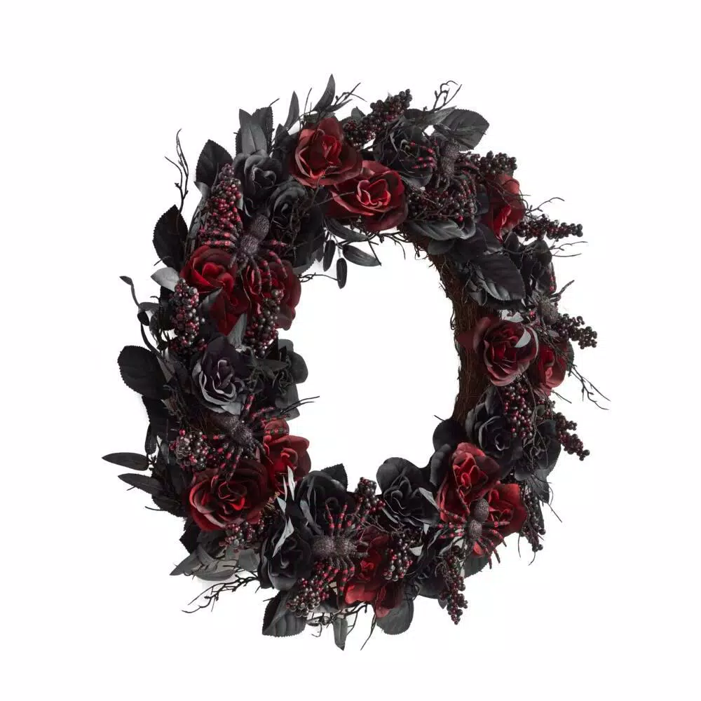 Home Accents Holiday 30 in. Black and Burgundy Artificial Rose Halloween Wreath