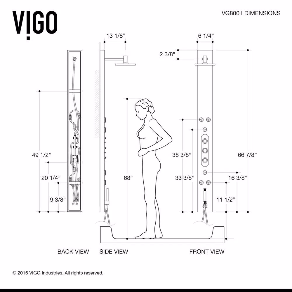 VIGO Dilana 66.875 in. Stainless Steel 6-Jet High Pressure Shower Panel System with Handheld Dual Shower