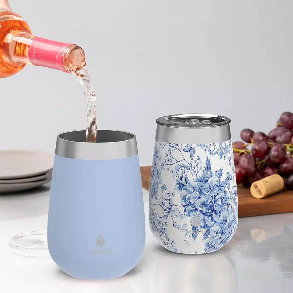 Manna Blue Hydrangena 12 oz. Stainless Steel Stemless Wine Tumblers, 2-Pack